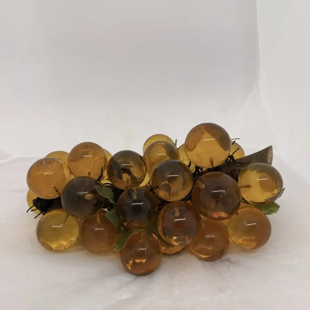 Mid century Amber Glass Grapes Cluster Decorative Fruit Sculpture Green Leaves